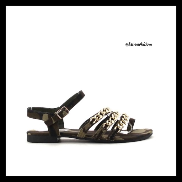 Camouflage Print Strappy Chain Sandals. - Picture 2 of 7